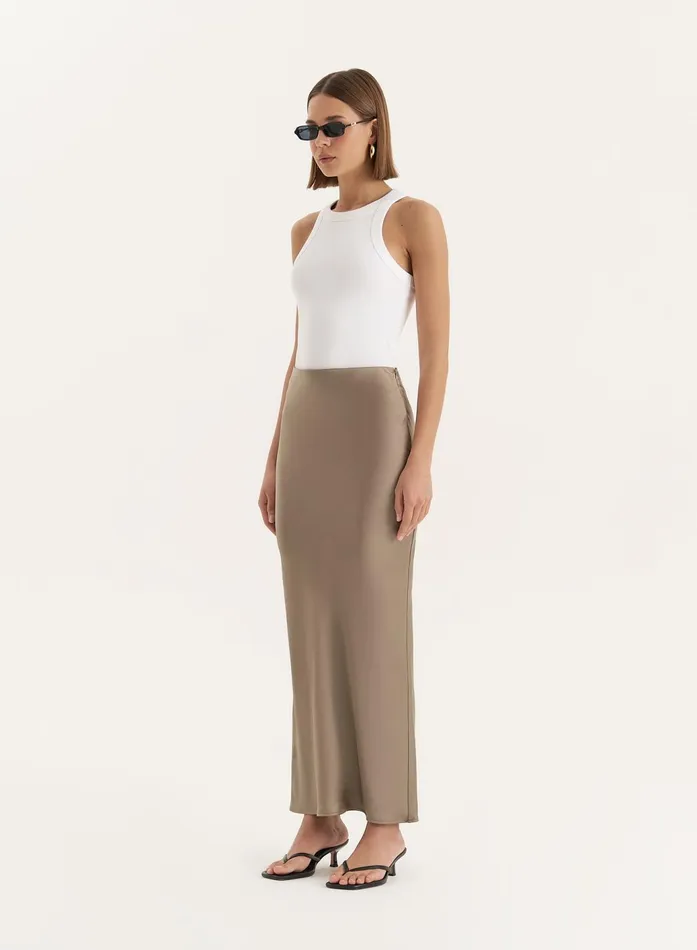 Women Olive Satin Maxi Skirt Novah 4th and Reckless Skirts