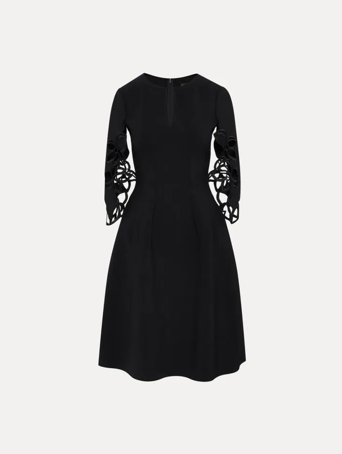 Women Orchid Sleeve Split Neck Dress Black Oscar De La Renta Dresses