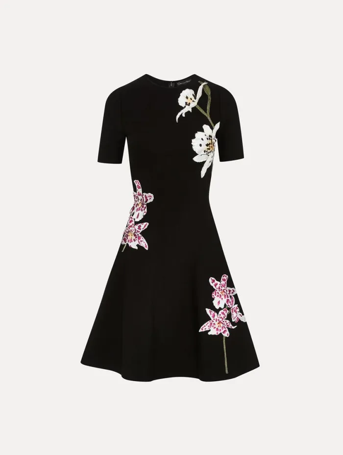 Women Orchid Threadwork Jacquard Dress Black Multi Oscar De La Renta Dresses
