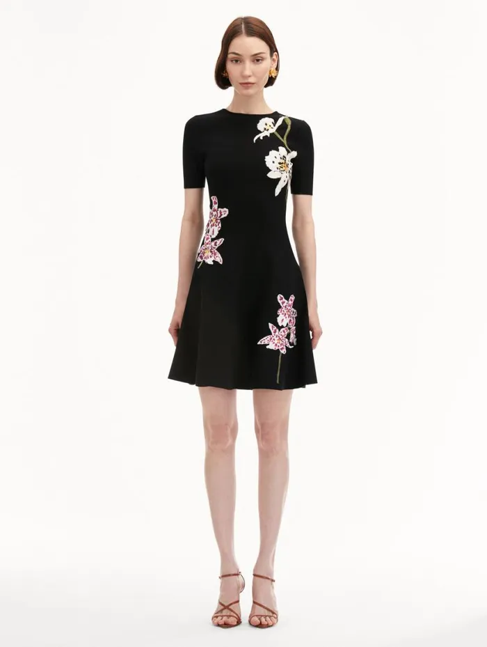 Women Orchid Threadwork Jacquard Dress Black Multi Oscar De La Renta Dresses Women Orchid Threadwork Jacquard Dress Black Multi Oscar De La Renta Dresses