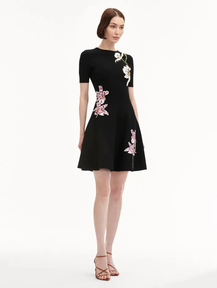 Women Orchid Threadwork Jacquard Dress Black Multi Oscar De La Renta Dresses Women Orchid Threadwork Jacquard Dress Black Multi Oscar De La Renta Dresses