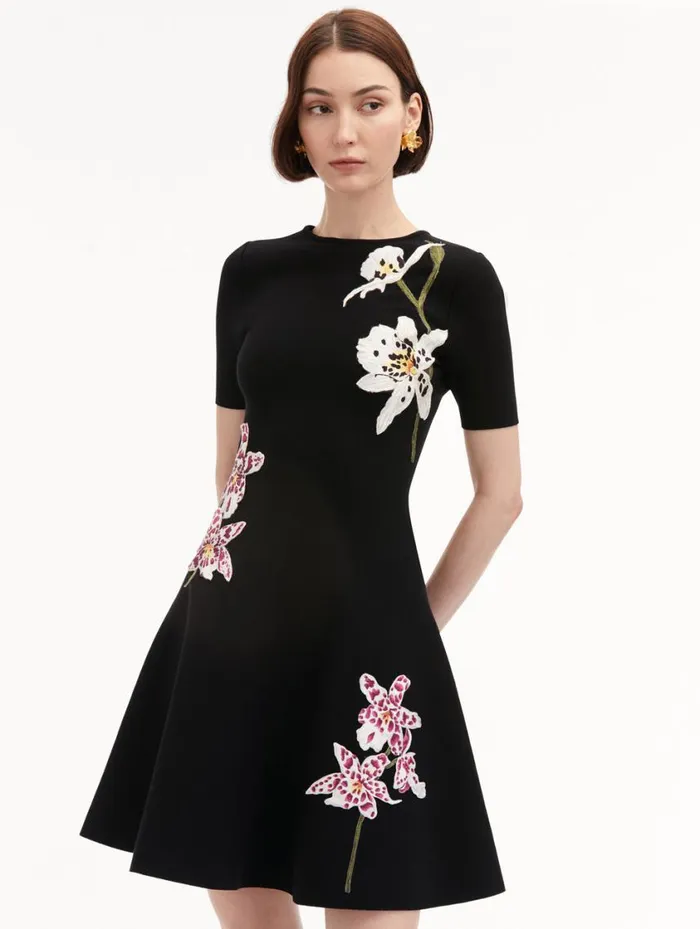 Women Orchid Threadwork Jacquard Dress Black Multi Oscar De La Renta Dresses Women Orchid Threadwork Jacquard Dress Black Multi Oscar De La Renta Dresses