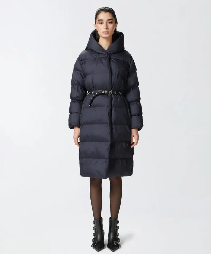Women Outerwear Pinko Padded Technical Canvas Pea Coat With Belt Dark Navy Blue