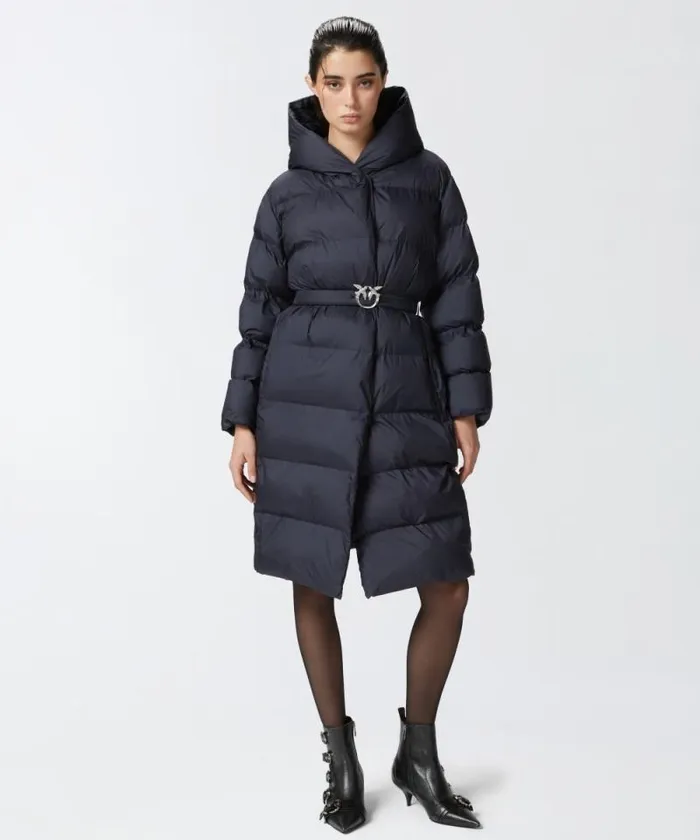 Women Outerwear Pinko Padded Technical Canvas Pea Coat With Belt Dark Navy Blue Women Outerwear Pinko Padded Technical Canvas Pea Coat With Belt Dark Navy Blue
