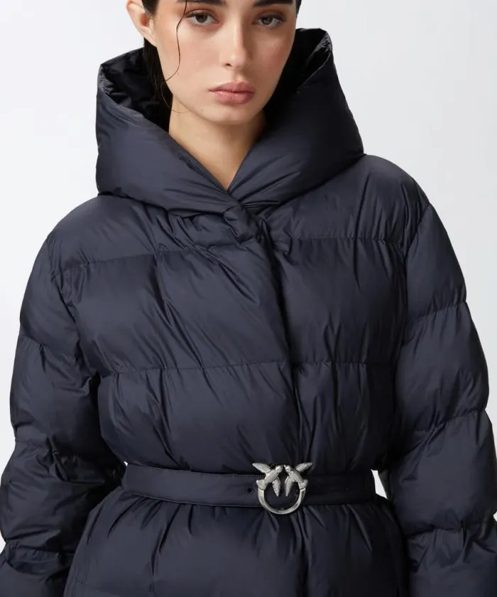 Women Outerwear Pinko Padded Technical Canvas Pea Coat With Belt Dark Navy Blue Women Outerwear Pinko Padded Technical Canvas Pea Coat With Belt Dark Navy Blue