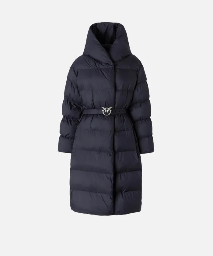 Women Outerwear Pinko Padded Technical Canvas Pea Coat With Belt Dark Navy Blue Women Outerwear Pinko Padded Technical Canvas Pea Coat With Belt Dark Navy Blue