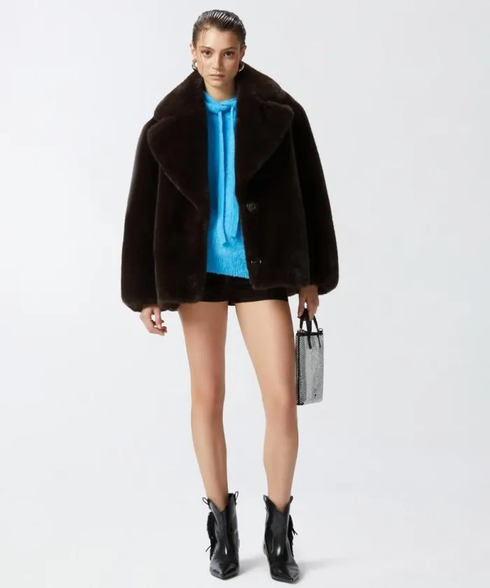 Women Outerwear Pinko Short Faux Fur Pea Coat Black Coffeebrown