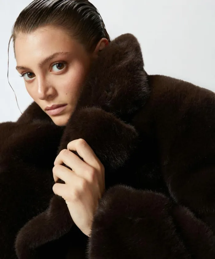 Women Outerwear Pinko Short Faux Fur Pea Coat Black Coffeebrown Women Outerwear Pinko Short Faux Fur Pea Coat Black Coffeebrown