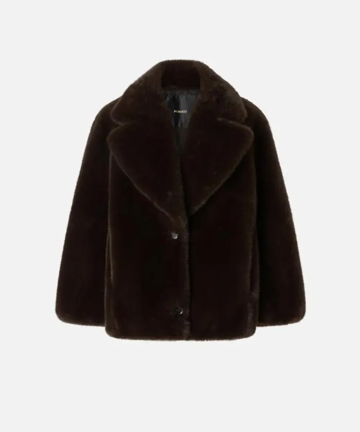 Women Outerwear Pinko Short Faux Fur Pea Coat Black Coffeebrown Women Outerwear Pinko Short Faux Fur Pea Coat Black Coffeebrown