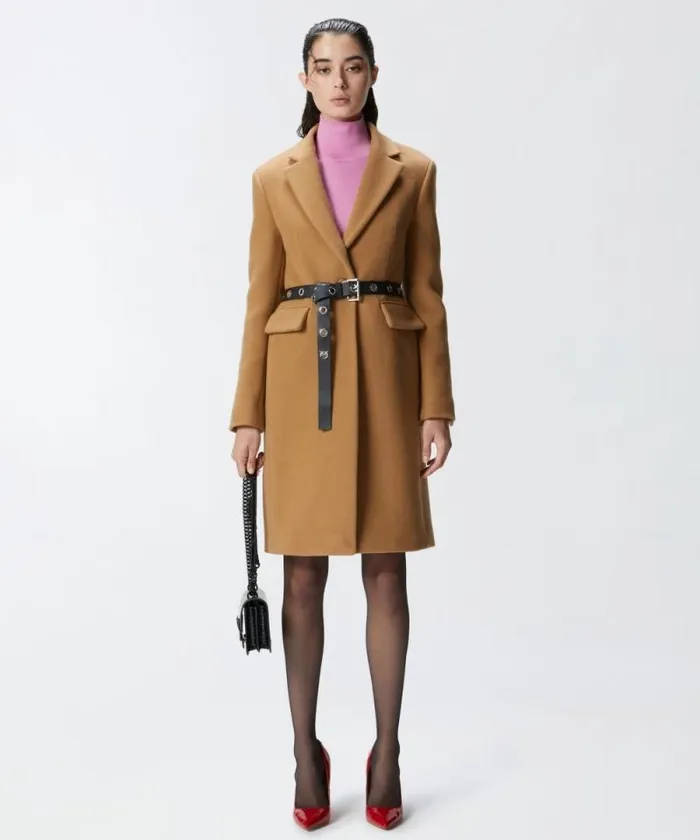 Women Outerwear Pinko Singlebreasted Woolblend Cloth Coat Mocha Camel