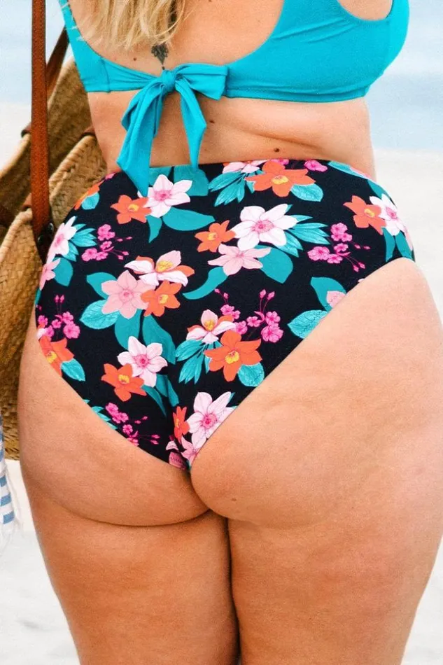 Women Plus Size and Curve Bikinis Cupshe Cynthia Floral High Waisted Plus Size Bikini Bottom Multicolor