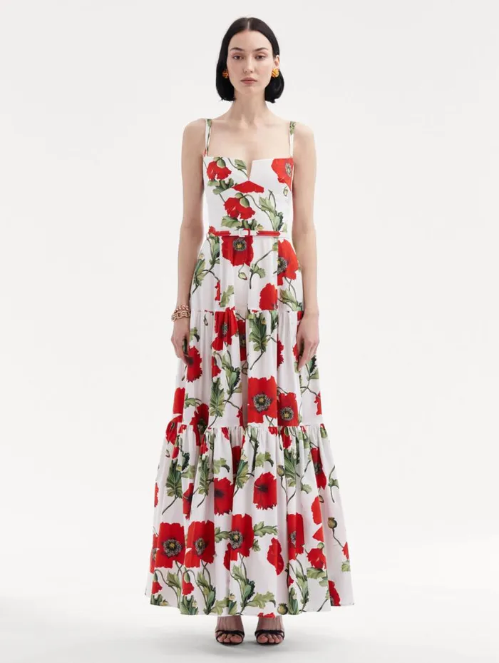 Women Poppy Cotton Poplin Tiered Maxi Dress White Red Oscar De La Renta Dresses Women Poppy Cotton Poplin Tiered Maxi Dress White Red Oscar De La Renta Dresses