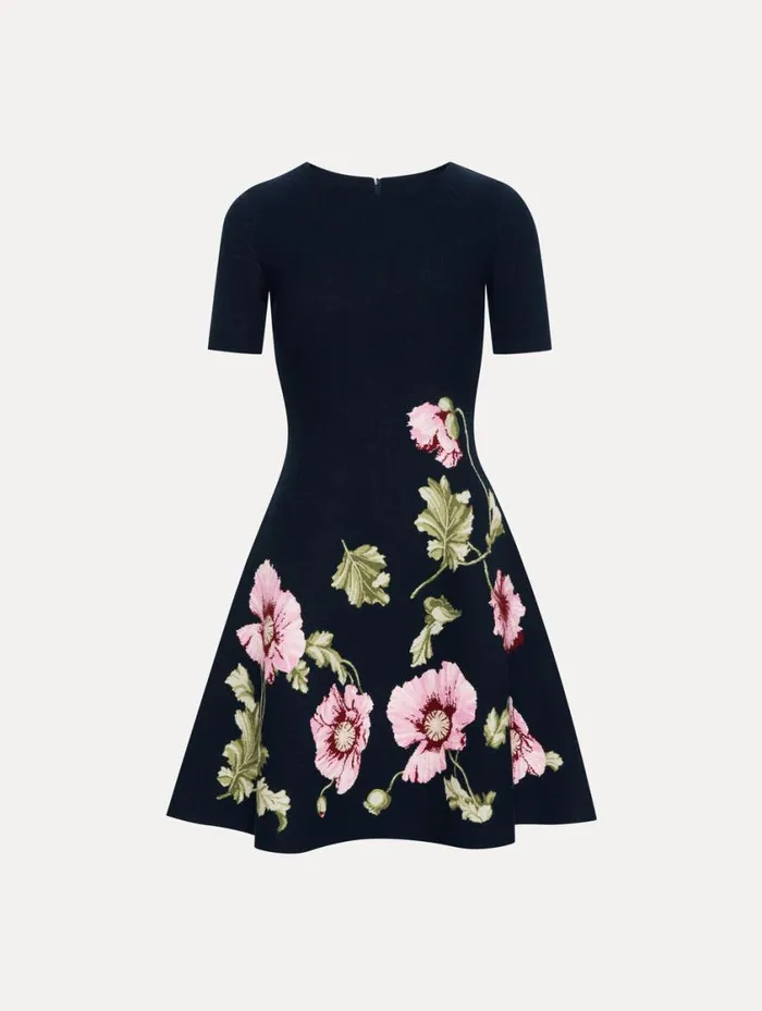 Women Poppy Jacquard Dress Navy Pink Oscar De La Renta Dresses