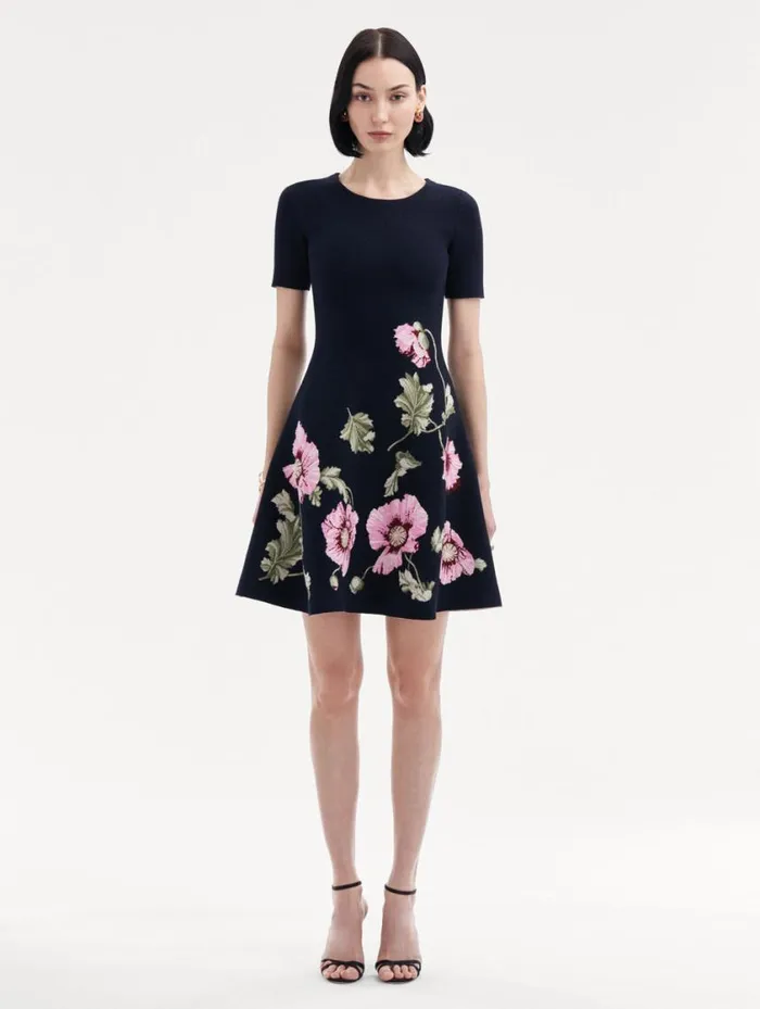 Women Poppy Jacquard Dress Navy Pink Oscar De La Renta Dresses Women Poppy Jacquard Dress Navy Pink Oscar De La Renta Dresses