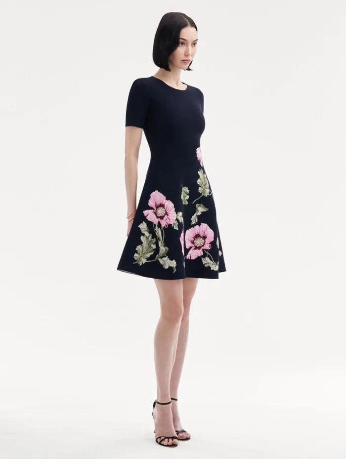 Women Poppy Jacquard Dress Navy Pink Oscar De La Renta Dresses Women Poppy Jacquard Dress Navy Pink Oscar De La Renta Dresses