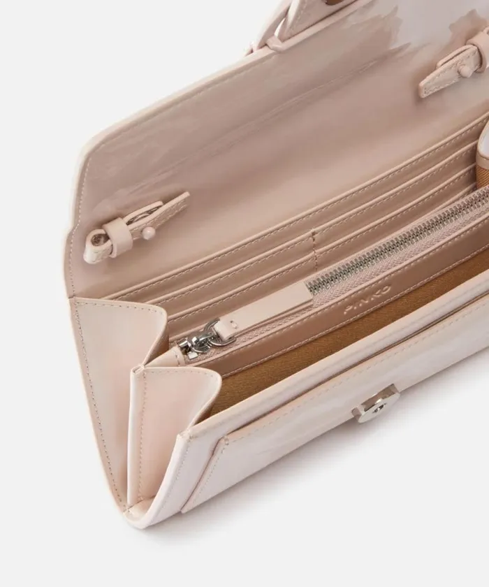 Women Purses Pinko Patent Leather Bird Buckle Wallet With Shoulder Strap Powder Pinkblock Colour Women Purses Pinko Patent Leather Bird Buckle Wallet With Shoulder Strap Powder Pinkblock Colour