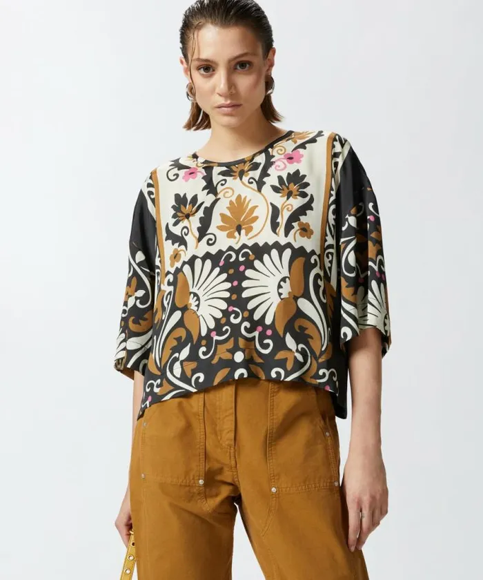 Women Shirts And Blouses Pinko Shortsleeved Blouse With Floral Print Multi Brownbeige Women Shirts And Blouses Pinko Shortsleeved Blouse With Floral Print Multi Brownbeige