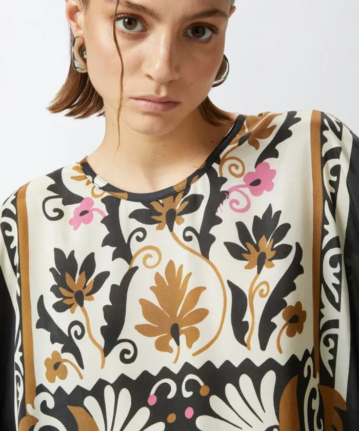 Women Shirts And Blouses Pinko Shortsleeved Blouse With Floral Print Multi Brownbeige Women Shirts And Blouses Pinko Shortsleeved Blouse With Floral Print Multi Brownbeige