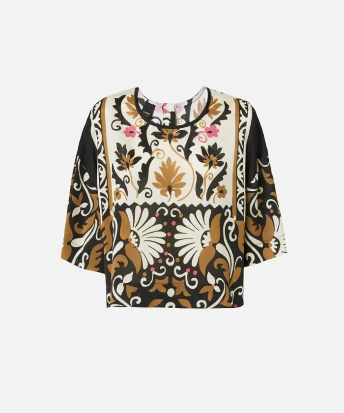 Women Shirts And Blouses Pinko Shortsleeved Blouse With Floral Print Multi Brownbeige Women Shirts And Blouses Pinko Shortsleeved Blouse With Floral Print Multi Brownbeige