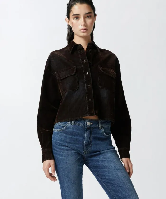 Women Shirts And Blouses Pinko Velveteffect Flocked Denim Cropped Shirt Deep Brown Women Shirts And Blouses Pinko Velveteffect Flocked Denim Cropped Shirt Deep Brown