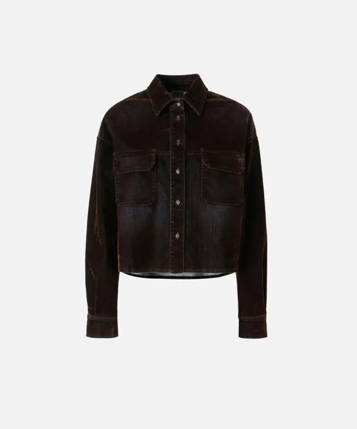 Women Shirts And Blouses Pinko Velveteffect Flocked Denim Cropped Shirt Deep Brown Women Shirts And Blouses Pinko Velveteffect Flocked Denim Cropped Shirt Deep Brown