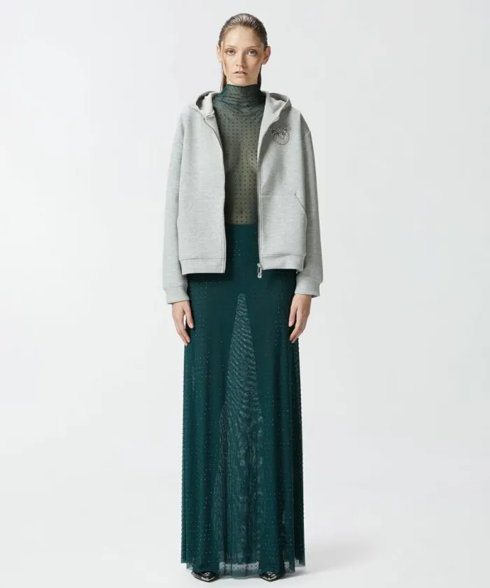 Women Skirts Pinko Fully Rhinestoned Long Tulle Skirt Dark Bottle Green