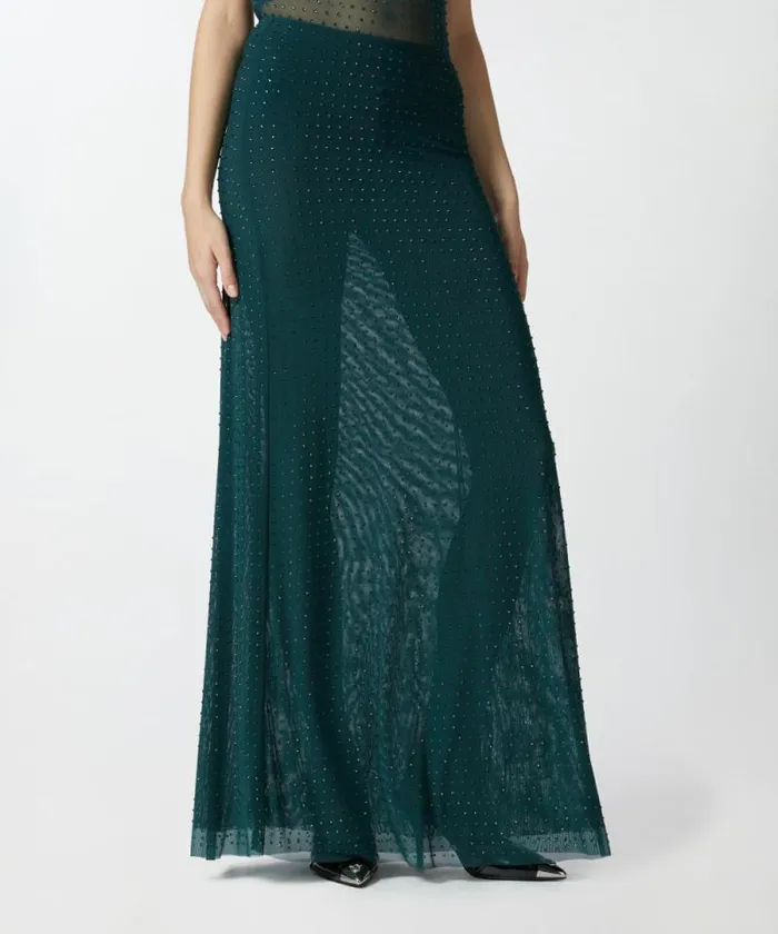Women Skirts Pinko Fully Rhinestoned Long Tulle Skirt Dark Bottle Green Women Skirts Pinko Fully Rhinestoned Long Tulle Skirt Dark Bottle Green