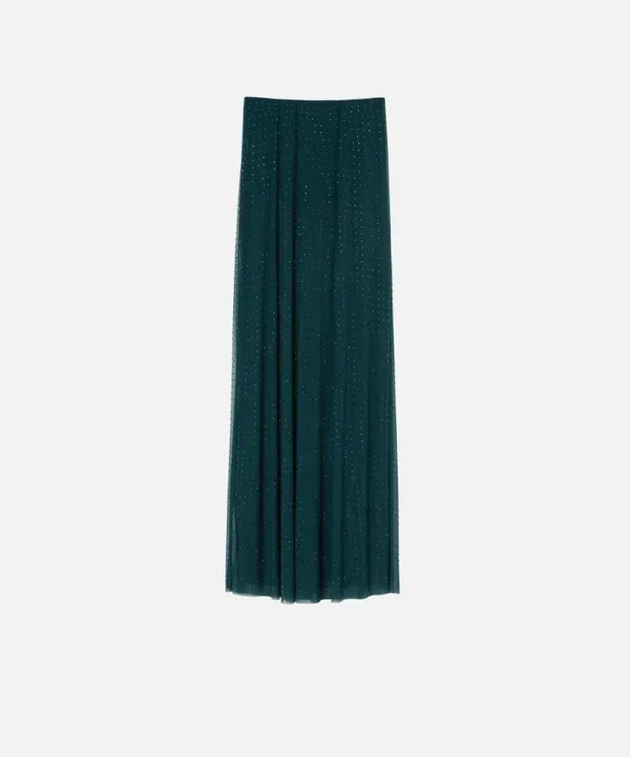 Women Skirts Pinko Fully Rhinestoned Long Tulle Skirt Dark Bottle Green Women Skirts Pinko Fully Rhinestoned Long Tulle Skirt Dark Bottle Green