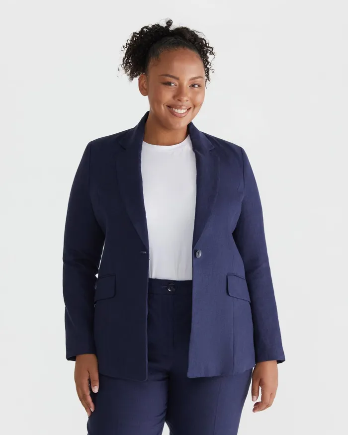 Women Sportscraft Plus Freya Linen Blazer Navy