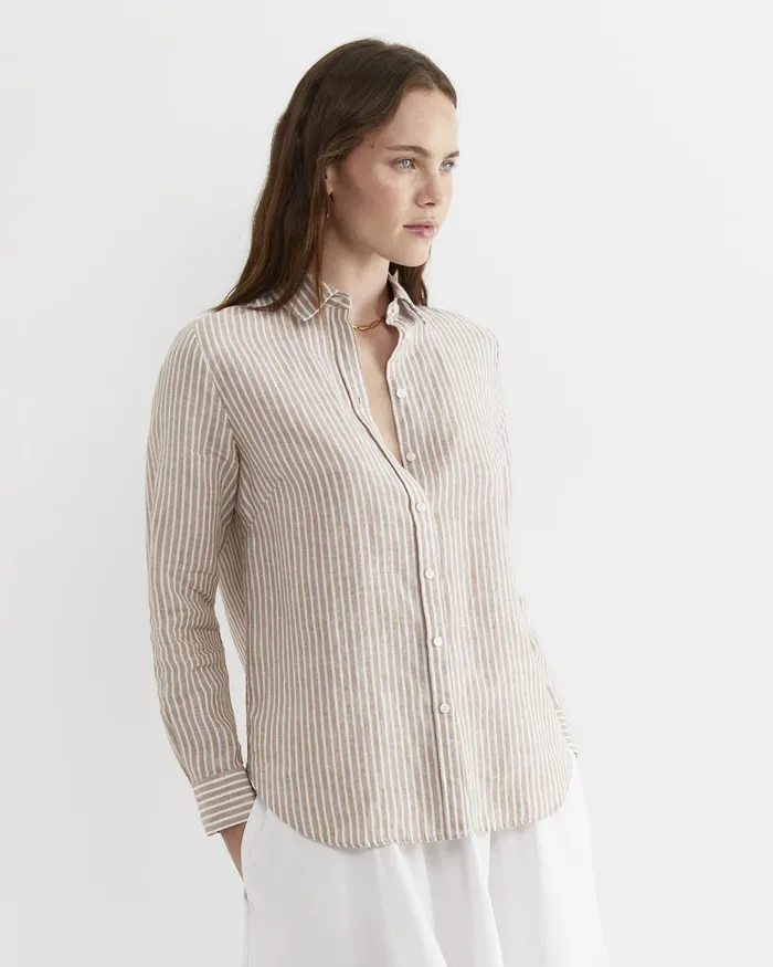 Women Sportscraft Shirts Dahlia Stripe Linen Shirt Tanwhite