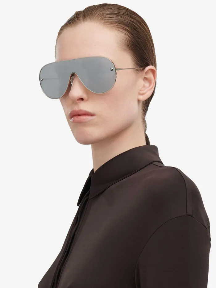 Women Sunglasses Alexander McQueen Metal Studs Mask Sunglasses Silver
