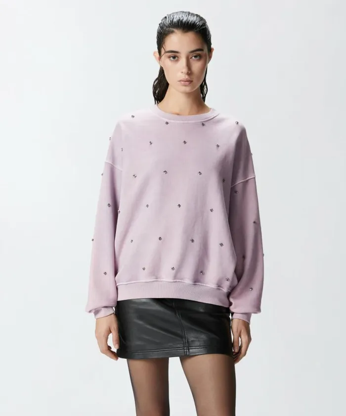 Women Sweatshirts Pinko Cotton Sweatshirt With Mini Jewel Embroidery Lavender Grey Women Sweatshirts Pinko Cotton Sweatshirt With Mini Jewel Embroidery Lavender Grey