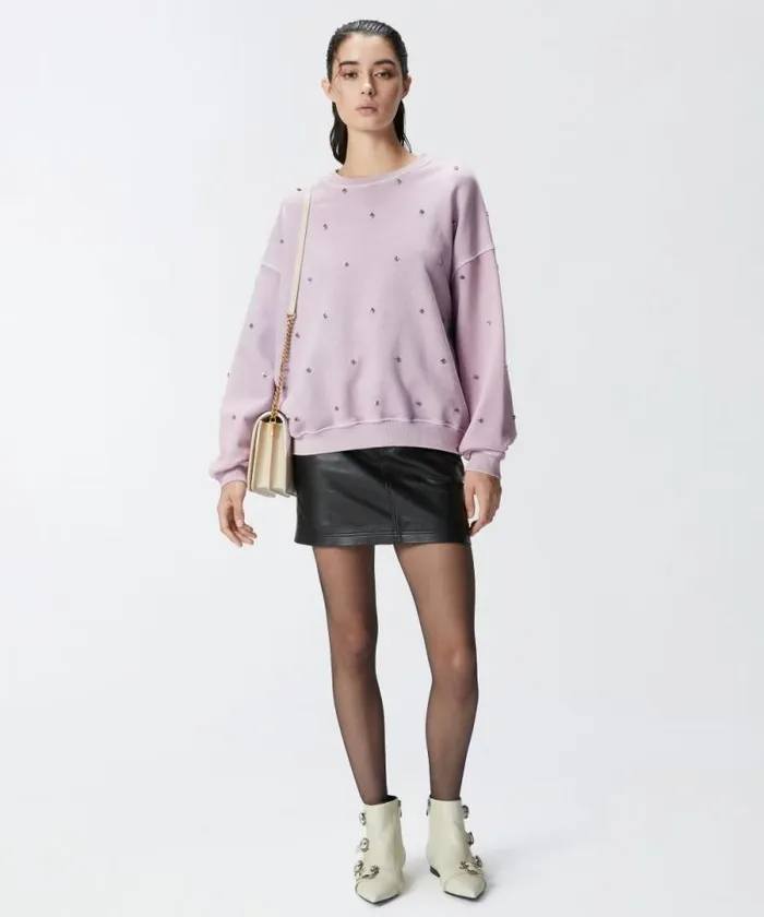 Women Sweatshirts Pinko Cotton Sweatshirt With Mini Jewel Embroidery Lavender Grey Women Sweatshirts Pinko Cotton Sweatshirt With Mini Jewel Embroidery Lavender Grey