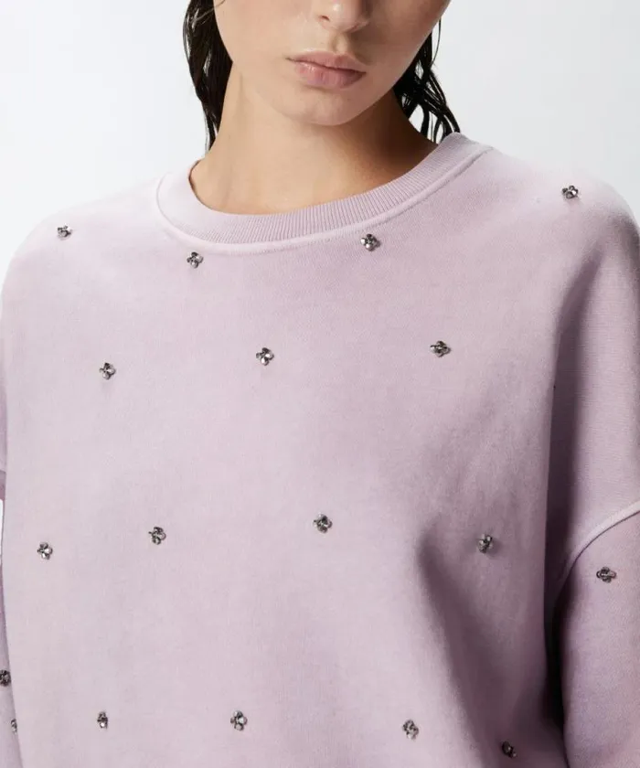 Women Sweatshirts Pinko Cotton Sweatshirt With Mini Jewel Embroidery Lavender Grey Women Sweatshirts Pinko Cotton Sweatshirt With Mini Jewel Embroidery Lavender Grey