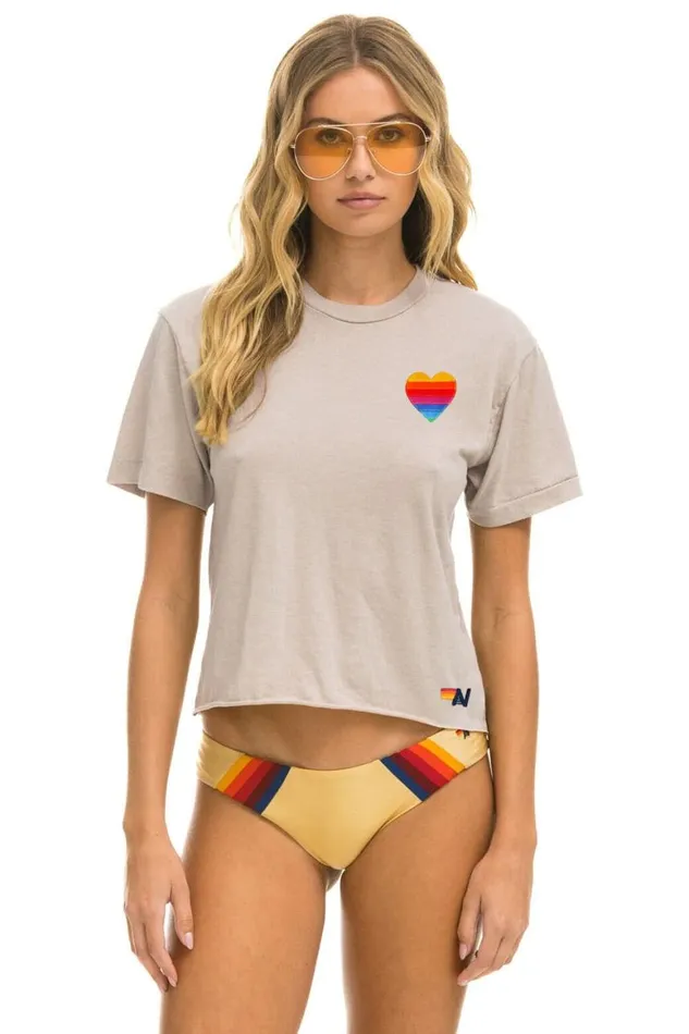 Women Tees Aviator Nation Rainbow Heart Stitch Boyfriend Tee 8211 Sand