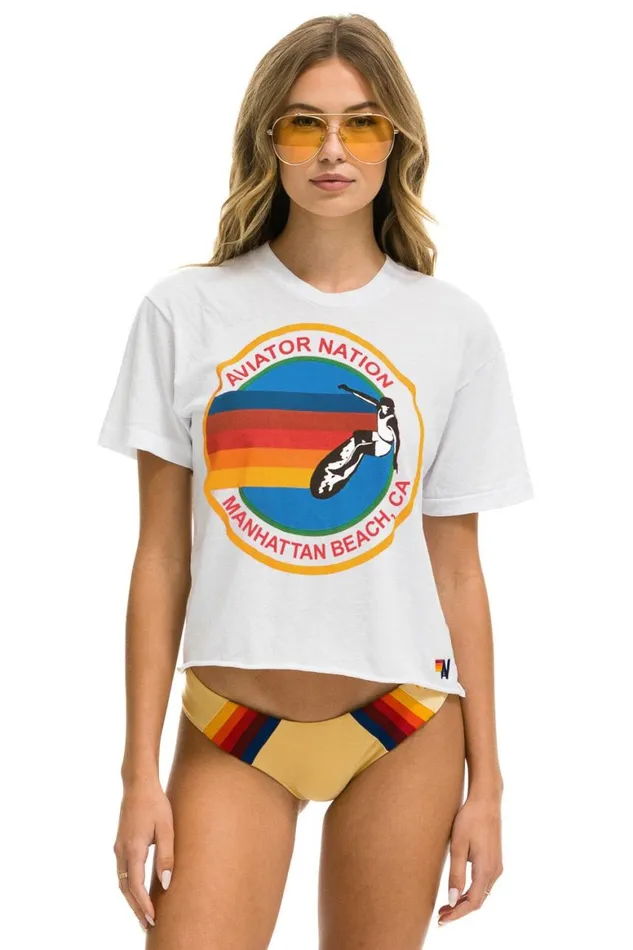 Women Tees Aviator Nation Signature Manhattan Beach Boyfriend Tee 8211 White