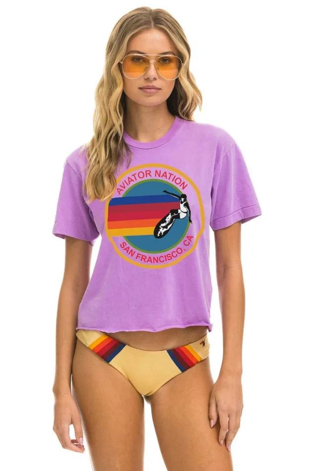 Women Tees Aviator Nation Signature San Francisco Boyfriend Tee 8211 Neon Purple