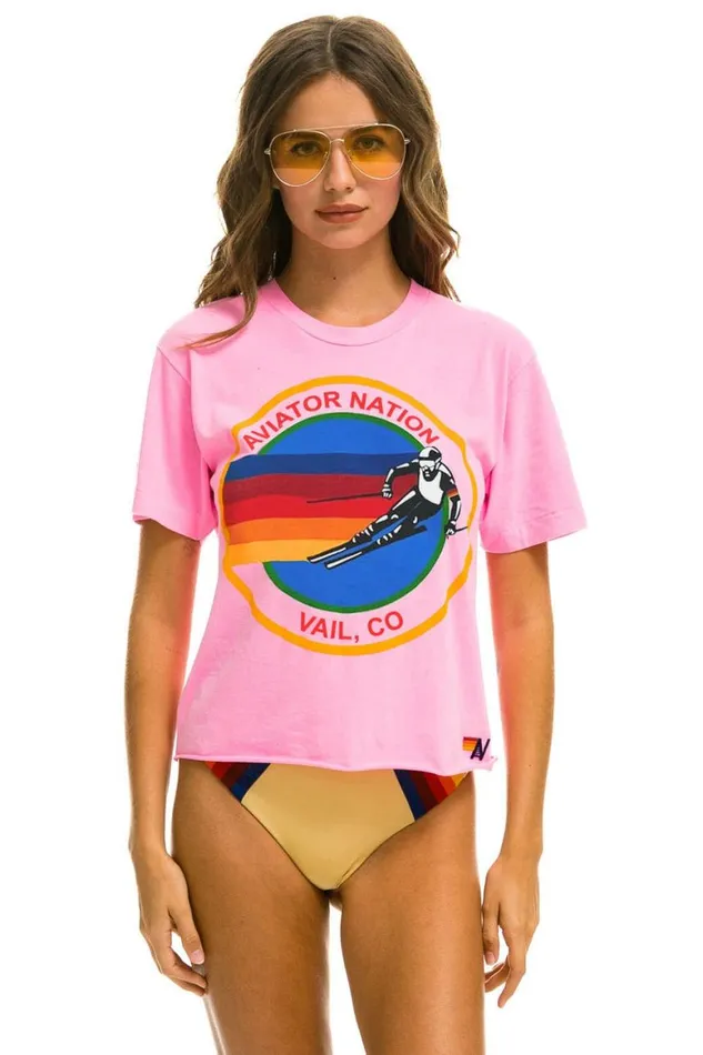Women Tees Aviator Nation Signature Vail Boyfriend Tee 8211 Neon Pink