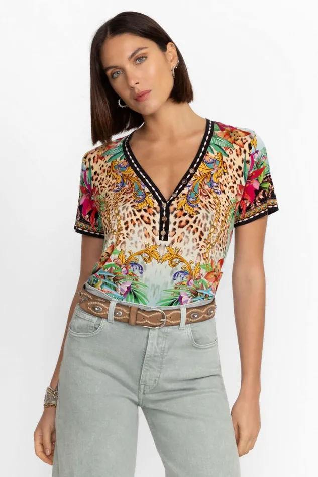 Women THE JANIE FAVORITE SHORT SLEEVE HENLEY TEE Miller Tigre Scarf Print Johnny Was Tops