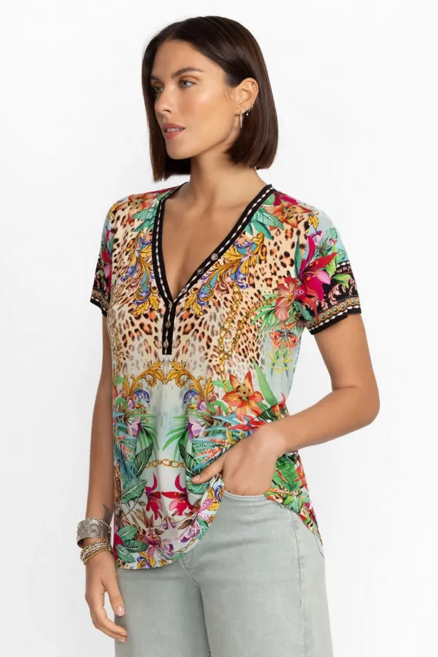 Women THE JANIE FAVORITE SHORT SLEEVE HENLEY TEE Miller Tigre Scarf Print Johnny Was Tops Women THE JANIE FAVORITE SHORT SLEEVE HENLEY TEE Miller Tigre Scarf Print Johnny Was Tops
