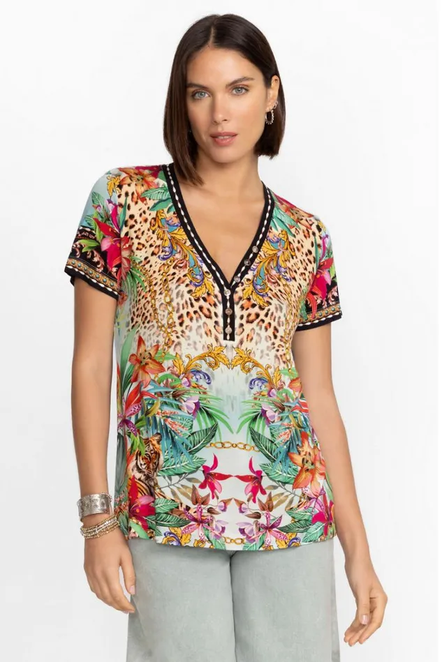 Women THE JANIE FAVORITE SHORT SLEEVE HENLEY TEE Miller Tigre Scarf Print Johnny Was Tops Women THE JANIE FAVORITE SHORT SLEEVE HENLEY TEE Miller Tigre Scarf Print Johnny Was Tops