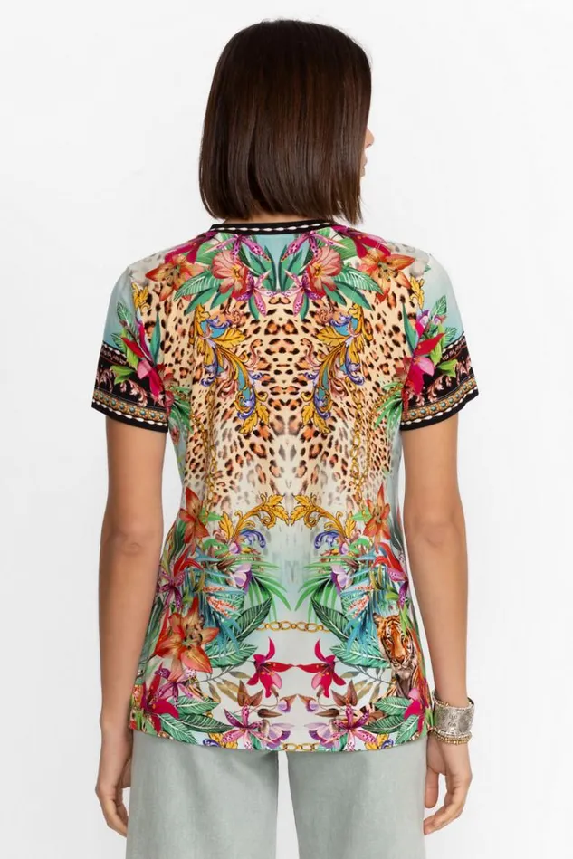 Women THE JANIE FAVORITE SHORT SLEEVE HENLEY TEE Miller Tigre Scarf Print Johnny Was Tops Women THE JANIE FAVORITE SHORT SLEEVE HENLEY TEE Miller Tigre Scarf Print Johnny Was Tops
