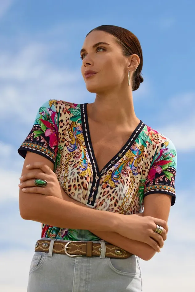 Women THE JANIE FAVORITE SHORT SLEEVE HENLEY TEE Miller Tigre Scarf Print Johnny Was Tops Women THE JANIE FAVORITE SHORT SLEEVE HENLEY TEE Miller Tigre Scarf Print Johnny Was Tops