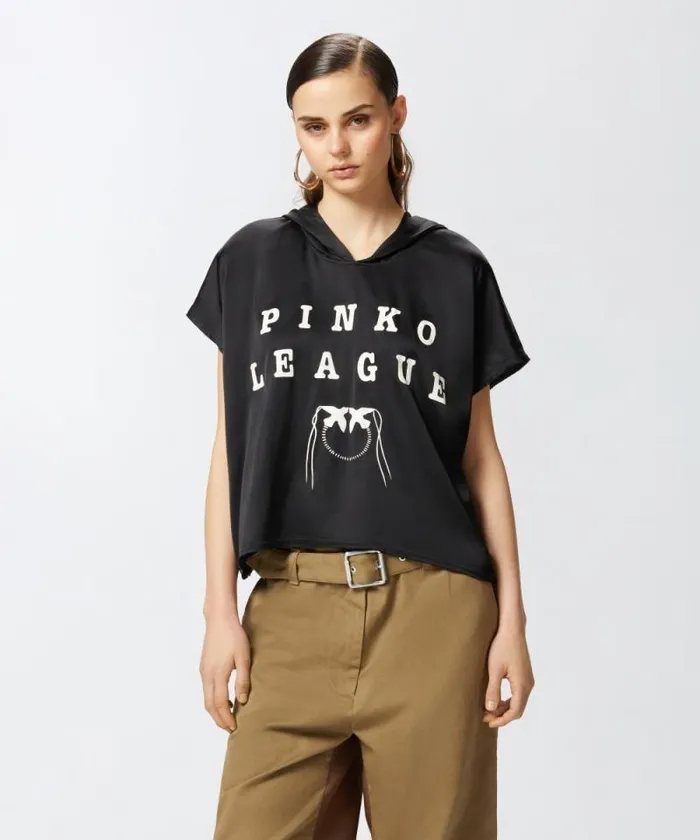 Women Topwear Pinko Hooded Blouse With PINKO League Print Blackwhite