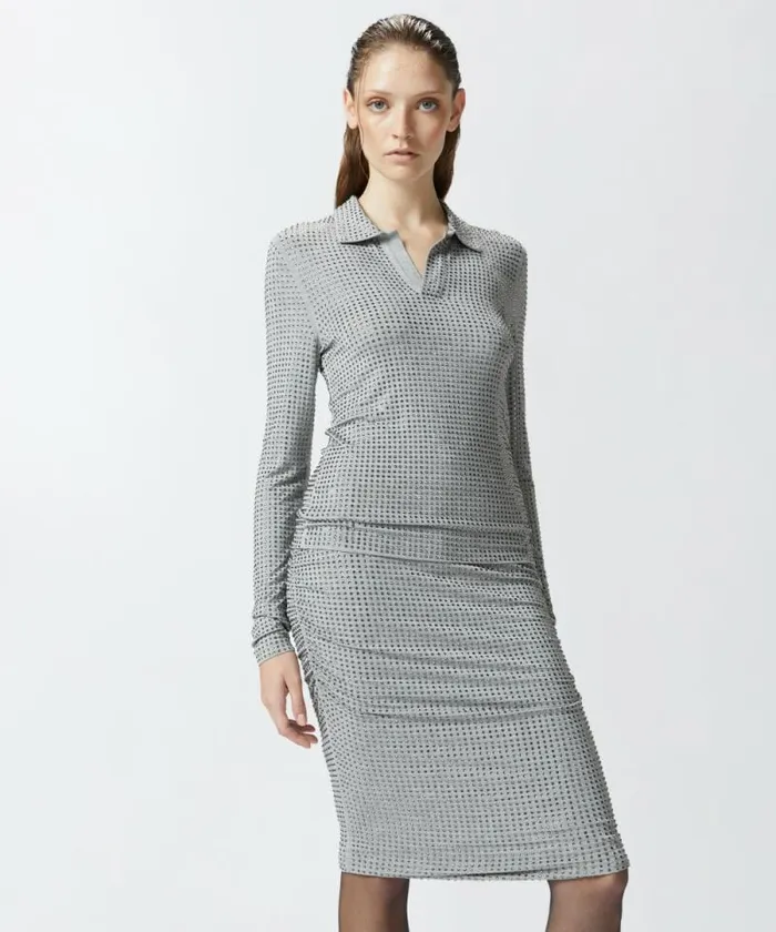 Women Topwear Pinko Longsleeved Jersey Polo With Rhinestones Drizzle Grey