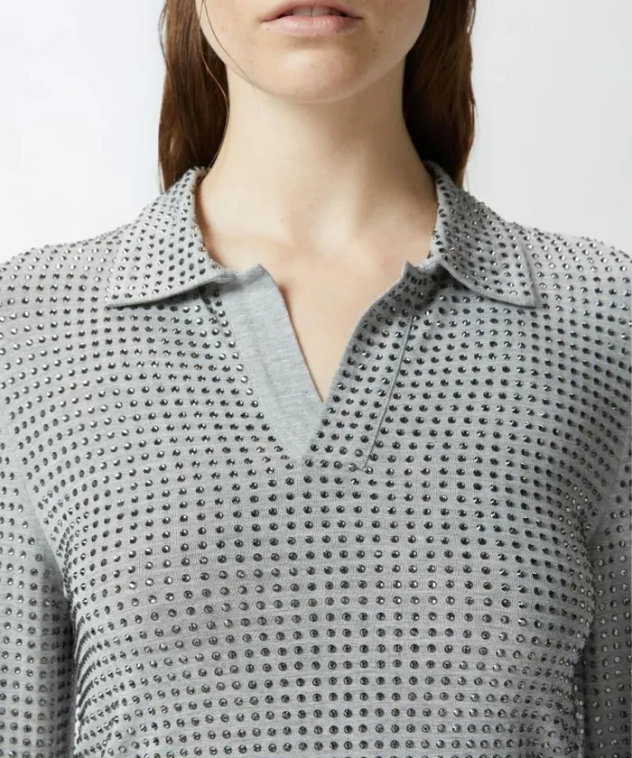 Women Topwear Pinko Longsleeved Jersey Polo With Rhinestones Drizzle Grey Women Topwear Pinko Longsleeved Jersey Polo With Rhinestones Drizzle Grey