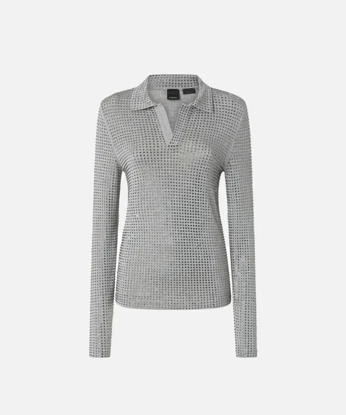 Women Topwear Pinko Longsleeved Jersey Polo With Rhinestones Drizzle Grey Women Topwear Pinko Longsleeved Jersey Polo With Rhinestones Drizzle Grey