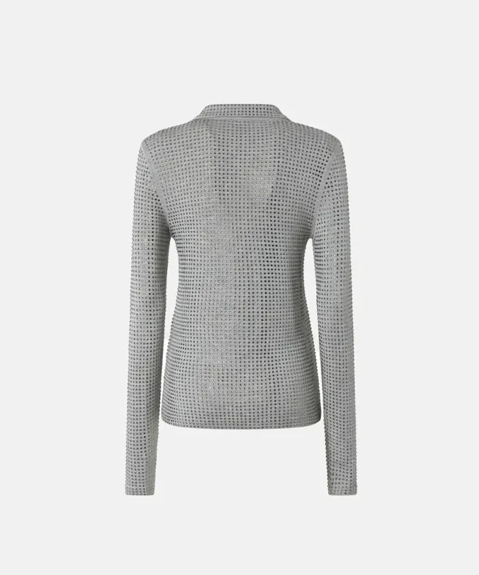 Women Topwear Pinko Longsleeved Jersey Polo With Rhinestones Drizzle Grey Women Topwear Pinko Longsleeved Jersey Polo With Rhinestones Drizzle Grey