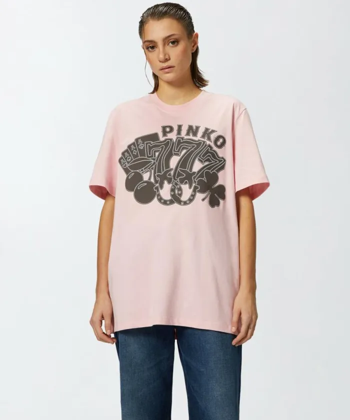 Women Topwear Pinko Oversized Tshirt With Casino Print Pink Sweet Lilac