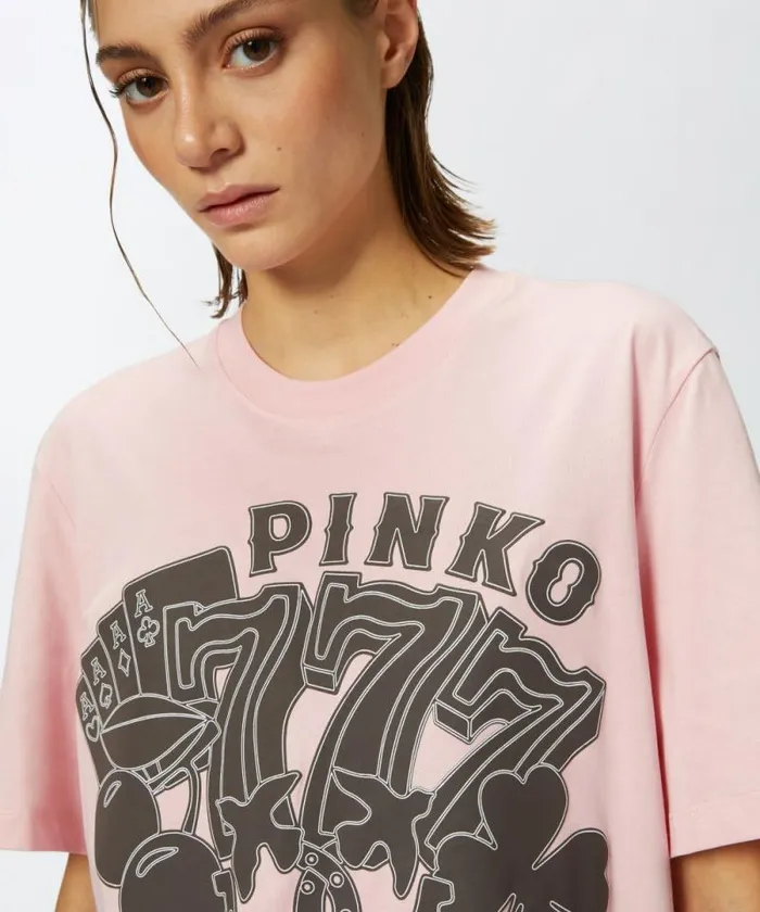 Women Topwear Pinko Oversized Tshirt With Casino Print Pink Sweet Lilac Women Topwear Pinko Oversized Tshirt With Casino Print Pink Sweet Lilac